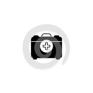 First aid kit with cross bold black silhouette icon isolated on white. Medical case, hospital bag for emergency and