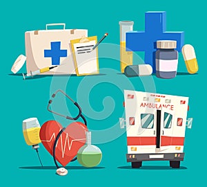 First aid kit and cross, emergency bus and heart