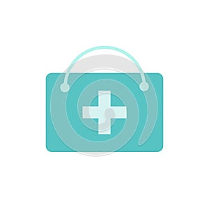 First aid kit doctor green bag with cross vector flat illustration isolated on white background.