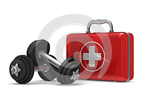 First aid kit and dumbbells on white background. Isolated 3D ill