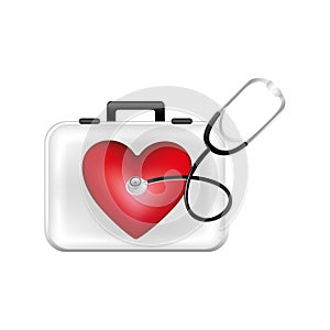 first aid kit with heart and stethoscope