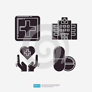 first aid kit, hospital building, heart health care, medical tablet and pill. Medical and health glyph set icon. Vector