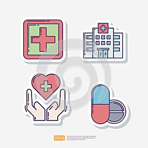 first aid kit, hospital building, heart health care, medical tablet and pill. Medical and health sticker set icon. Vector