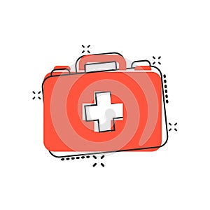 First aid kit icon in comic style. Health, help and medical diagnostics vector cartoon illustration on white isolated background.