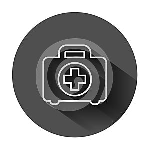 First aid kit icon in flat style. Health, help and medical diagnostics vector illustration on black round background with long
