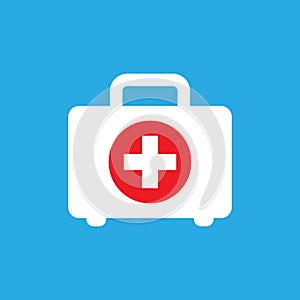 First aid kit icon in flat style. Health, help and medical diagnostics vector illustration on blue isolated background. Doctor bag
