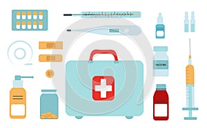 First aid kit isolated on white background. The concept of health, care and medical diagnosis. Flat design. Vector