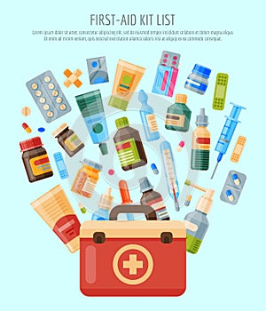 First aid kit list banner, poster vector illustration. Medicine, pharmacy store, hospital set of drugs with labels