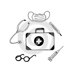 first aid kit, mask, stethoscope, thermometer, syringe, glasses set hand drawn doodle. vector, scandinavian, nordic