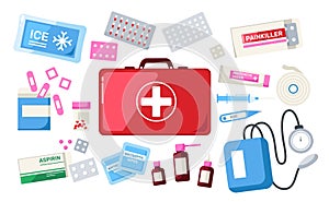First aid kit. Medical emergency bag with medicine and tools, doctor pharmacy red chest bandage plaster syringe pill, urgency