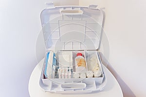 First aid kit with medications and pharmaceuticals