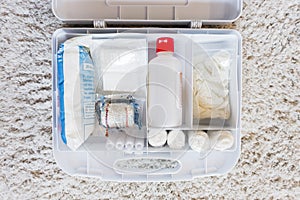 First aid kit with medications and pharmaceuticals