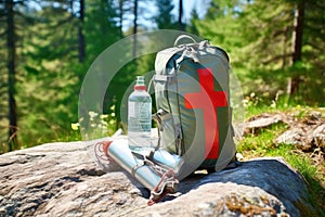 a first-aid kit near a hiking pole and water bottle