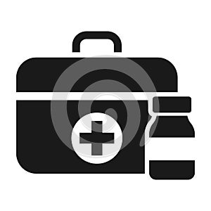 First aid kit and pill icon. Healthcare concept. Medical help. Emergency doctor vector illustration