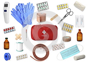 First aid kit. Set with different medical supplies on white background