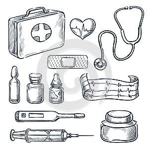 First aid kit sketch illustration. Medicine and healthcare hand drawn icons and design elements