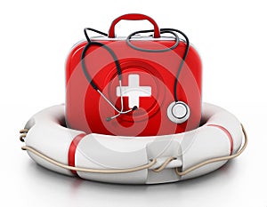 First aid kit standing on life saver. 3D illustration