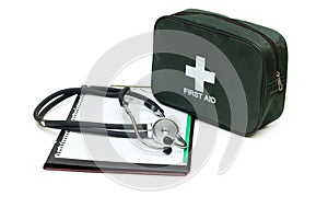 First aid kit, stethoscope and pad