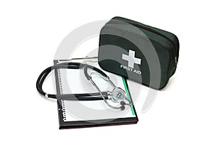 First aid kit, stethoscope and pad