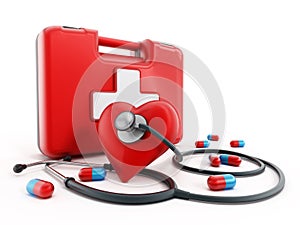 First aid kit, stethoscope and pills