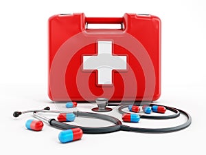 First aid kit, stethoscope and pills