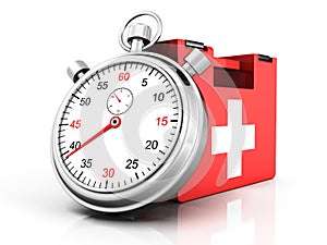 First aid kit with stopwatch on white background