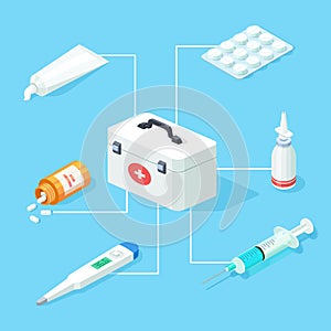 First aid kit tools vector isometric concept