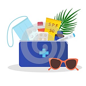 First aid kit for traveling with face mask, sunscreen bottle and pills. Travel medicines vector illustration