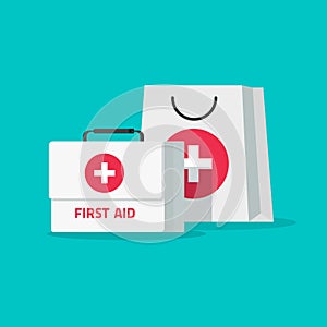 First aid kit vector illustration, flat cartoon medical bag with case