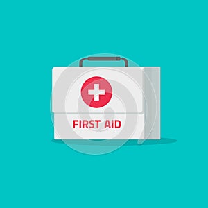 First aid kit vector illustration, flat cartoon medical or pharmacy emergency kit icon, physician healthcare