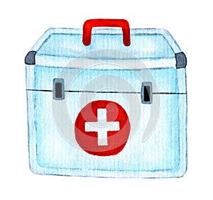 First aid kit. Watercolor illustration of a medical bag with medicines.