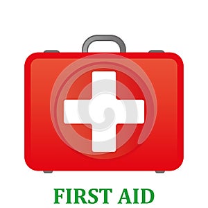 First aid kit. White first aid kit isolated on blue background. Health, help and medical diagnostics concept. Flat design.