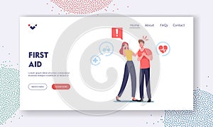 First Aid Landing Page Template. Female Character Call to Ambulance for Emergency Help, Man with Heart Attack Hold Chest