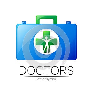 First Aid Logo Vector Medicine Symbol with Help Bag Case and Cross for Health Care Icon for Hospital