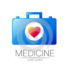 First Aid Logo Vector Medicine Symbol with Help Bag Case and Heart for Health Care Icon for Hospital