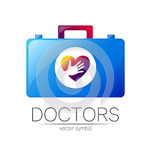 First Aid Logo Vector Medicine Symbol with Help Bag Case and Heart for Health Care Icon for Hospital