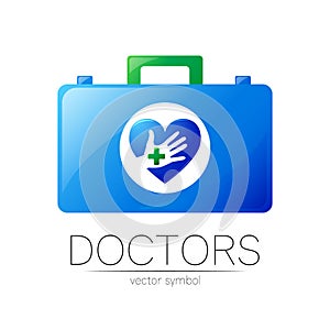 First Aid Logo Vector Medicine Symbol with Help Bag Case and Heart for Health Care Icon for Hospital