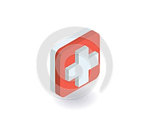First aid, medical cross icon. Vector illustration in flat isometric 3D style