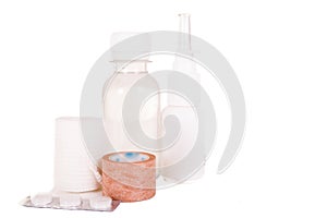First aid medical essentials on a white background