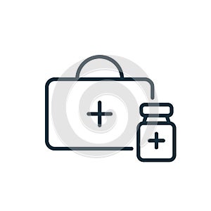 First Aid or Medical Kit icon. Medical Box line icon. First Aid Bag with Bottle of Vaccine. Vaccine Against coronavirus