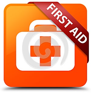 First aid orange square button red ribbon in corner