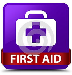 First aid purple square button red ribbon in middle