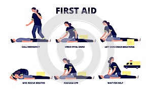 First aid reanimation. Cpr training, heart emergency revival. Ambulance and medical help procedures. Vector recovery photo