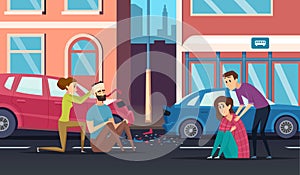 First aid. Road accident personal helping person to car or cycling driver medicine vector cartoon background