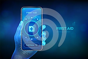 First aid service. Online medical support internet technology concept. Emergency call. Medicine, healthcare and therapy
