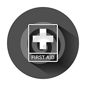 First aid sign icon in flat style. Health, help and medical vector illustration on black round background with long shadow.