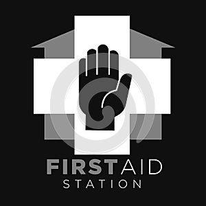 First aid station cross and human hand house building