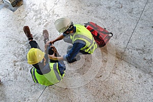 First aid support accident at work of construction worker at site