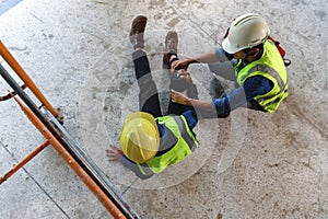 First aid support accident at work of construction worker at site