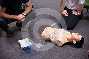 First Aid Training. Defibrillator CPR Practice